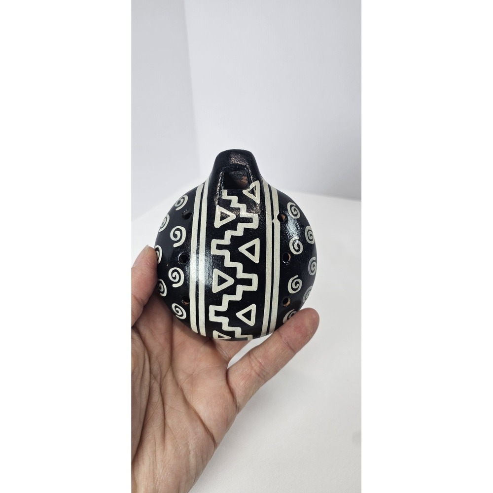 Handmade‎ Clay Ocarina Flute Black White Tribal Pottery Wind Instrument